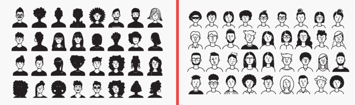 cartoon people portraits, mixed character faces, hand drawn avatar illustrations, black and white people art, cute cartoon expressions, simple portrait drawings, character face collection

