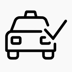 Line icon of a taxi silhouette and a checkmark &mdash; confirmed ride, black on white, square minimalist style