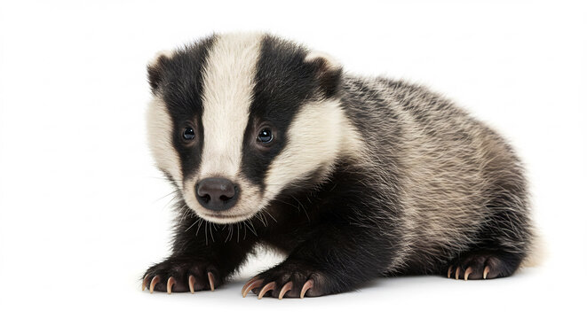 Niedliches Dachsjunges blickt neugierig ins Bild klares Studiolicht betont sein schwarzweiss gestreiftes Gesicht