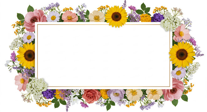 Strahlender Blumenkranz aus Sonnenblumen und Rosen um leeren Platz festlich farbenfroh nat&uuml;rlich arrangiert