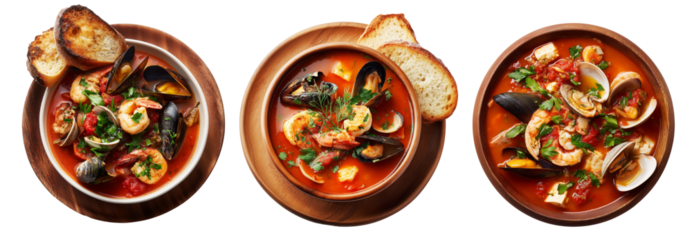 California Cioppino seafood stew with shrimp, clams, mussels, and fish in tomato broth isolated on white background