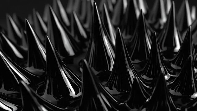 Close-up of black, shiny, conical shapes, resembling a strange landscape with peaks and valleys