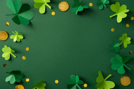 A festive green backdrop frames paper shamrocks and gold coin accents, capturing St Patrick's Day charm with luck and Irish spirit perfect for greeting cards and seasonal promotions