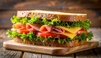 A delicious ham and cheese sandwich with lettuce and tomato on whole wheat bread, close up, artisan, sliced, appetizing, protein, lettuce, homemade, sandwich, fast food, gourmet, lunch protein