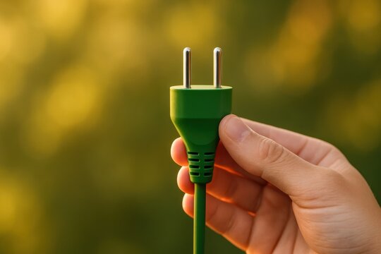 Green energy plug held by hand symbolizes sustainable technology innovation for climate finance and net zero renewable energy with esg data solutions - Powered by Adobe