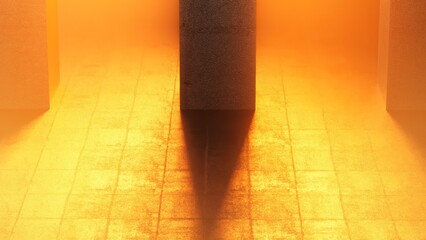 Futuristic Brutalist Architecture with Monolithic Stone Pillars and Golden Mist