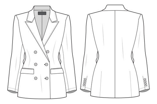 Women&rsquo;s tailored blazer template. flat sketch technical drawing blazer illustration and mockup. double breasted blazer. CAD drawing.