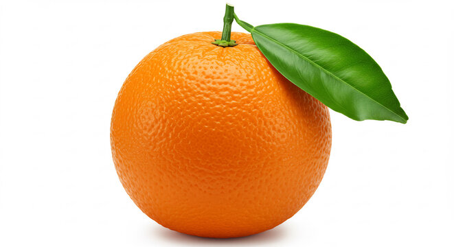 Leuchtend orangefarbene saftige Frucht mit frischem Blatt perfekt ausgeleuchtet vor reinwei&szlig;em Hintergrund gesundes Vitamin C
