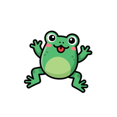 Obraz premium A cartoon frog with pink blush spots on its cheeks appears to be jumping or dancing against a plain white background.
