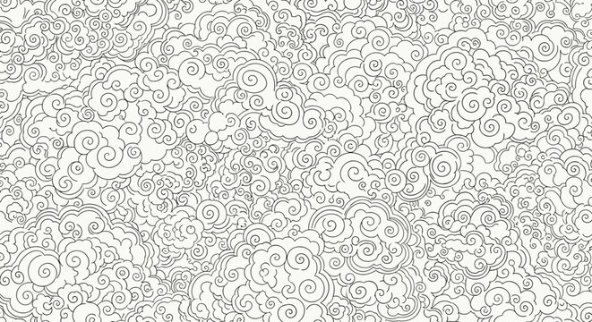 Dense monochromatic background pattern of swirling stylized clouds in a traditional Asian woodblock style illustration.