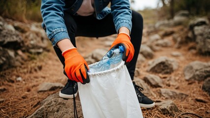 A Young Adult Male Volunteer Collecting Plastic Waste in Nature: Environmental Conservation Efforts in a Rocky Terrain During Daylight