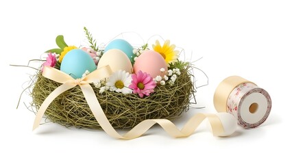 Colorful Easter Nest With Painted Eggs And Ribbon.
