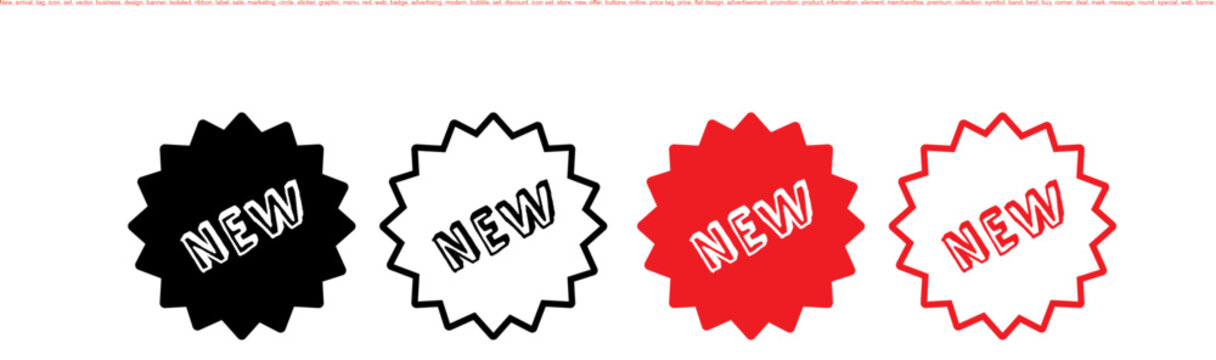 New arrival tag icon set black and red.