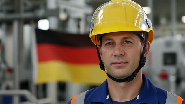 Skilled industrial technician wearing yellow safety helmet with German flag background