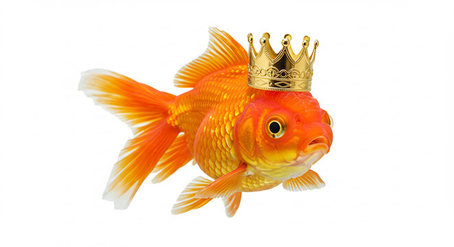 Ein pr&auml;chtiger Goldfisch mit gl&auml;nzender Goldkrone schwimmt elegant isoliert auf strahlend wei&szlig;em Hintergrund.