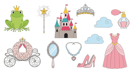 Fototapeta premium Collection of princess fairytale elements including a castle, carriage, glass slipper, magic wand, and a frog prince.