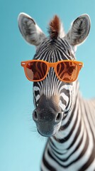 Fototapeta premium Zebra wearing bright orange sunglasses, creating a humorous and cool animal portrait against a vibrant blue background, expressing individuality and fun
