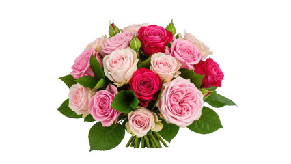Bouquet of pink and red roses with green leaves on transparent background