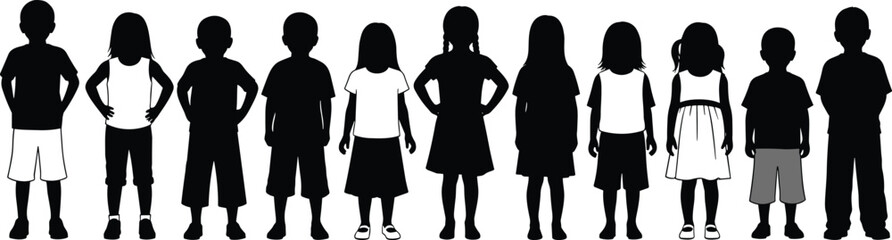Children silhouettes standing together, diverse kids group illustration, childhood unity concept, black vector figures, simple flat design style