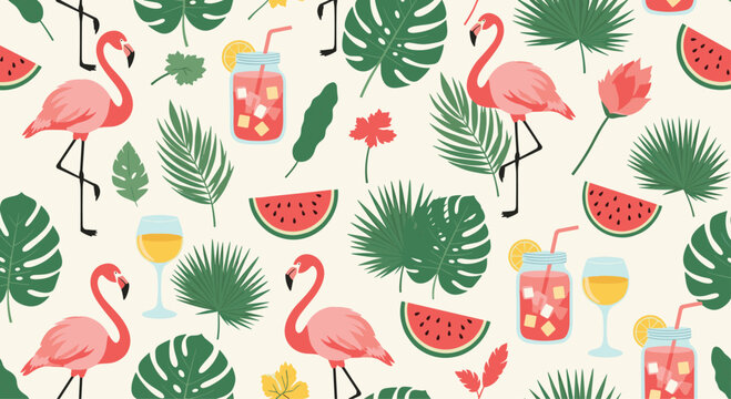 Elegant seamless summer pattern with pink flamingos, tropical leaves, watermelon slices, and refreshing drinks on a cream background.