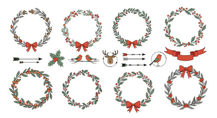 Obraz premium A rustic collection of hand-drawn Christmas wreaths, ribbons, and decorative elements like birds, arrows, and deer.