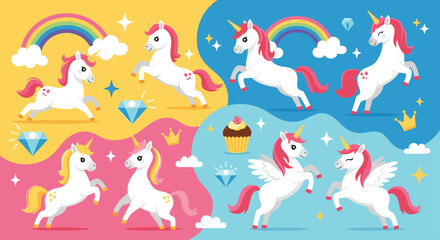 Magical collection of cute cartoon unicorns with rainbows, clouds, and other fantasy elements on colorful backgrounds.