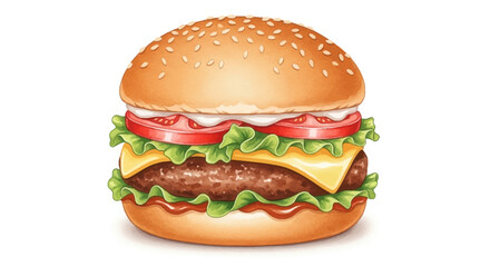 A digital illustration of a hamburger with cheese, lettuce, and tomato on a sesame seed bun, viewed from the front.