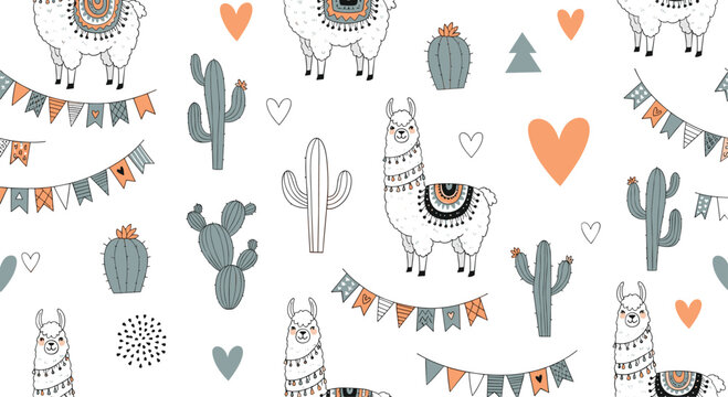 Cute seamless pattern with hand-drawn llamas, cacti, hearts, and festive garlands in a charming Scandinavian style.