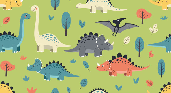 Childish seamless pattern with various cute cartoon dinosaurs like Triceratops and Brontosaurus in a prehistoric landscape.