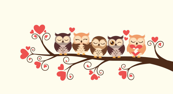 A romantic illustration of five cute cartoon owls snuggling together on a tree branch decorated with red hearts.