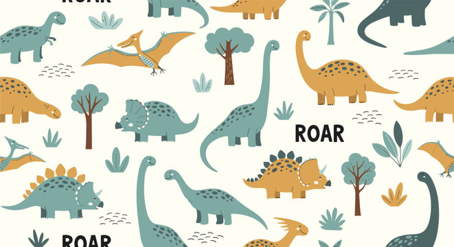 A playful seamless pattern for kids featuring cute cartoon dinosaurs and the word 'ROAR' in a prehistoric setting.