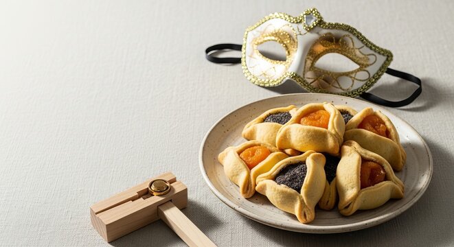 Festive Purim Hamantaschen cookies, a traditional grogger, and an elegant mask for a joyful holiday celebration concept