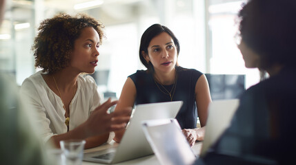 documentary-style stock photo of business colleagues working together at a table with a laptop in a real office, natural unposed discussion, one person explaining while others list