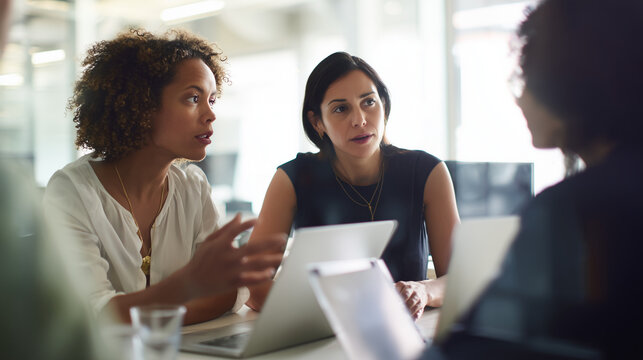 business colleagues working together at a table with a laptop in a real office, natural unposed discussion, one person explaining while others
