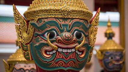 Colorful Traditional Mask with Ornate Gold Detailing.