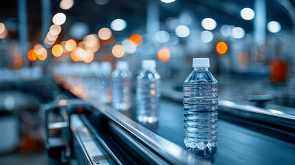 Bottled water travels along a conveyor belt in a busy factory during production hours