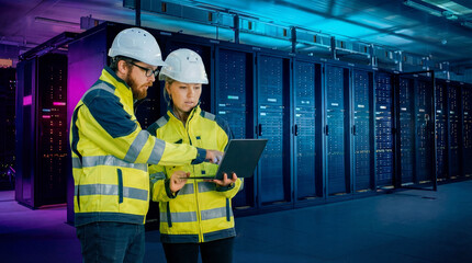 Data Center Engineers: Two diligent engineers, adorned in reflective vests and hard hats, meticulously examine data within a cutting-edge server room.