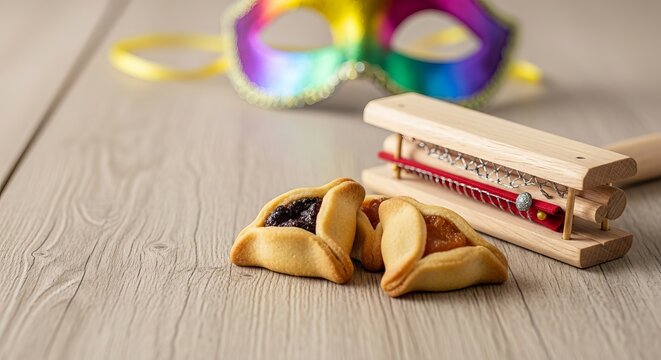 Traditional Purim holiday celebration featuring delicious Hamantaschen cookies, a festive gragger noise maker, and a vibrant mask for a cultural festival concept.