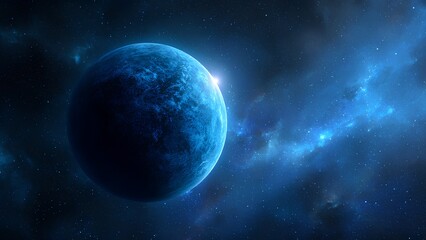 Blue Planet in Deep Space with Stars and Nebula &ndash; Futuristic Cosmic Background