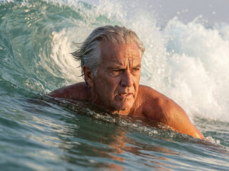 Senior Man with Silver Hair Surfing Powerful Ocean Wave