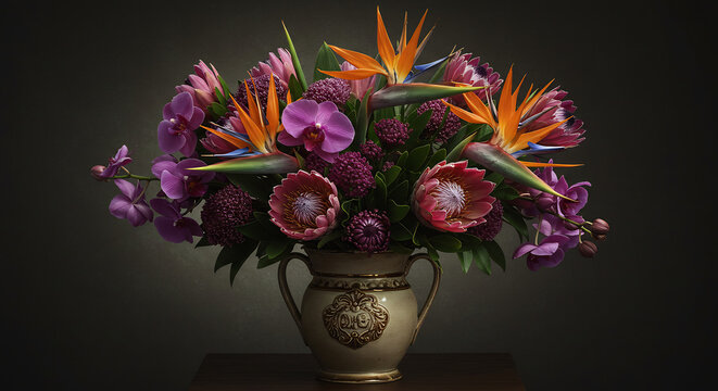 Farbenfroher exotischer Blumenstrauss in verzierter Vase kunstvoll arrangiert vor atmosph&auml;risch dunklem Hintergrund