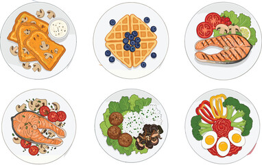 Healthy meal plates collection with salmon, waffles, eggs, vegetables, mushrooms and balanced food dishes isolated on white background for nutrition design