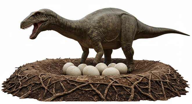 Faszinierende pr&auml;historische Brutpflege Dinosaurier sch&uuml;tzt f&uuml;rsorglich sein Gelege im gro&szlig;en Nest Studioaufnahme