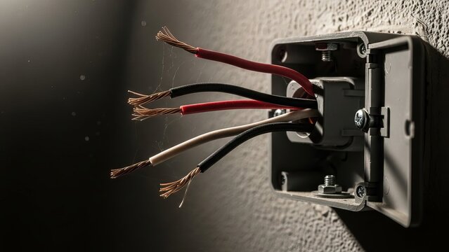 Damaged electrical wires sparking in metal junction box close-up
