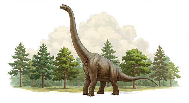 Gigantischer Brachiosaurus mit langem Hals steht aufrecht in &uuml;ppigem pr&auml;historischem Wald bei hellem Tageslicht