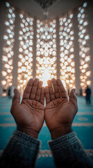 Hands raised in prayer capture the glowing light streaming through intricate mosque windows