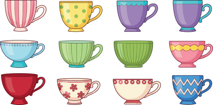 Decorative teacup vector set with colorful coffee cups, vintage tea mugs and patterned drinkware isolated on white background for kitchen and caf&eacute; design