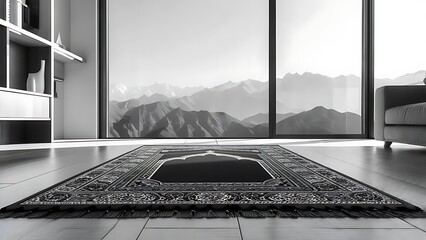 Interior scene prayer rug centered on reflective floor, looking out panoramic window at mountainous landscape. Modern minimalist