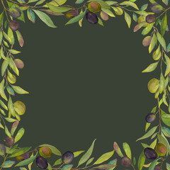Watercolor Olive Square Border on dark green background