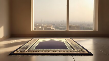 Interior scene shows a prayer rug near a window with a cityscape view. Soft light bathes the room